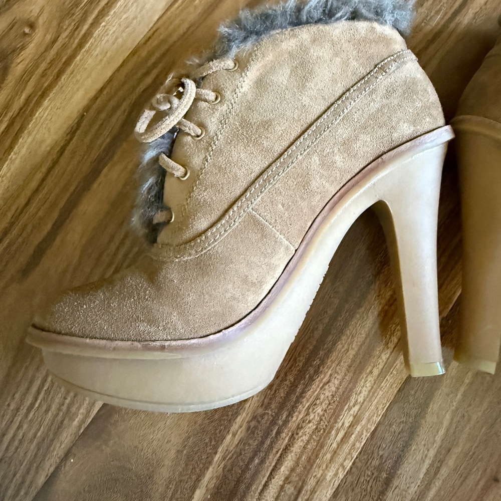 New Michael Kors Brown Fur-Trimmed Women's Heeled Lace Up Ankle Boots size 6 - Picture 11 of 14